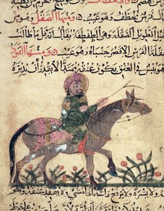 Koń i jeździec, ilustracja z "Księgi fryzur" Ahmeda ibn al-Husayna ibn al-Ahnafa, 1210 r. autorstwa Islamic School
