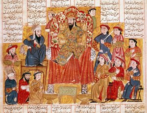 Sztuka islamu: „” Sułtan i jego dwór”” Perska miniatura z rękopisu epickiego poematu „” Shahnameh”” (Shah Nama, Shahnama) (Księga Królów) Ferdowsiego (Firdawsi lub Ferdawsi lub Firdousi, ca. 940-około 1020) Około 1330 Muzeum Topkapi, Stambuł autorstwa Islamic School