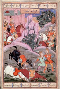 Sztuka islamu: „” Bijene i Roham idą zaatakować Firouda”” perska miniatura z rękopisu epickiego poematu „” Shahnameh”” (Shah Nama, Shahnama) (Księga Królów) autorstwa Ferdowsiego (Firdawsi lub Ferdawsi lub Firdousi, ok. 940-około 1020) (ms. 607) Chantilly, autorstwa Islamic School