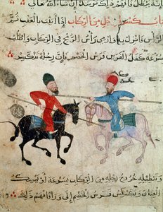 Sztuka Islamu: Rysunek na pergaminie z okresu Fatymidów (X-XI wiek) - Scena pojedynku dwóch jeźdźców - Malarstwo na papirusie - Kair, Muzeum Sztuki Islamu autorstwa Islamic School