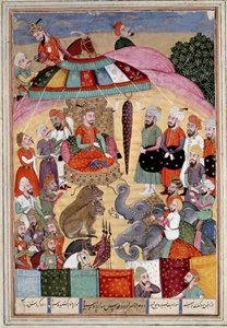 Sztuka islamu: „” Sohrab (Saharab) przed namiotem króla”” Perska miniatura z rękopisu epickiego wiersza „” Shahnameh”” (Shah Nama, Shahnama) (Księga Królów) autorstwa Ferdowsiego (Firdawsi lub Ferdawsi, lub Firdousi, ok. 940-około 1020) (ms. 607) Chantil autorstwa Islamic School