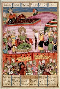 Sztuka islamu: „” Sohrab (Saharab) stoi w namiocie Roustama””” Perska miniatura z rękopisu epickiego wiersza „” Shahnameh”” (Shah Nama, Shahnama) (Księga Królów) autorstwa Ferdowsiego (Firdawsi lub Ferdawsi , lub Firdousi, ok. 940-około 1020) (ms. 607) Lly autorstwa Islamic School