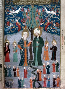 Islamska reprezentacja miniatury Adama i Ewy z rękopisu „Zubdat al Tawarikh” (Zubdat al Tawarikh) (Krema Opowieści) historyka Seyyida Loqmana Ashuriego 1538. Muzeum Sztuki Tureckiej i Islamskiej Stambuł autorstwa Islamic School