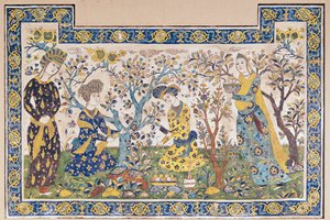 Mural z postaciami odpoczywającymi w ogrodzie, z Tchehel Sutun lub Pawilonu Czterdziestu Kolumn zbudowany przez Szacha Abbasa II (1642-66), perski, z Isfahanu, Iran (płytki ceramiczne) autorstwa Islamic School