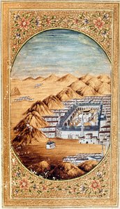 Widok na Mekkę (La Mekke), miejsce pielgrzymek muzułmańskich oraz równiny góry Arafat (Arafah), Arabia Saudyjska. Strona zaczerpnięta z wydania Koranu autorstwa Islamic School