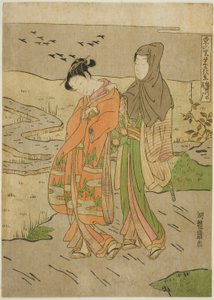 Gęsi schodzące na rzece Sumida (Sumidagawa no rakugan), z serii „Osiem widoków dobrobytu we wschodniej wiosce (Azuma no sato eiga hakkei)” autorstwa Isoda Koryusai