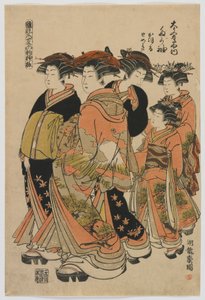 Modele mody: Nowe projekty jak świeże młode liście: Kurtyzana Tagasode z Daimonjiya z Katsuru, Tomeki i asystentami, okres Edo, 1778-80 (kolorowy odcisk drzeworytu) autorstwa Isoda Koryusai
