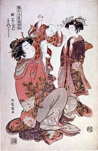 Kurtyzana Morokoshi z Echizan z dzieckiem i opiekunem, ok. 1775 (kolorowy drzeworyt) autorstwa Isoda Koryusai