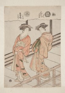 Sylaba Wa. Prostytutki Tsutaya: Hitomachi, Kamuro Saruhe i Matsuyo; Shizukinu, Kamoro i Kanomo (kolorowy drzeworyt) autorstwa Isoda Koryusai