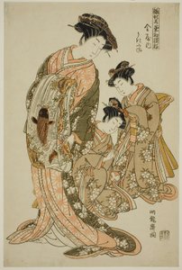 Ukifune z Kanaya, z serii „Modele dla mody: nowe wzory świeże jak młode liście (Hinagata wakana hatsu moyo)” autorstwa Isoda Koryusai