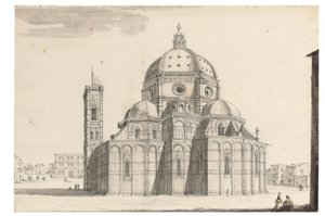Duomo i Campanile, Florencja (czarna kreda, długopis i szary tusz, brązowe i szare pranie na papierze ze znakiem wodnym) autorstwa Israel the Younger Silvestre