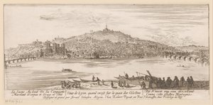Widok na Lyon z banku przy klasztorze celestynów Veue de Lyon quand on est sur les quais des Celestins (tytuł na obiekcie)
