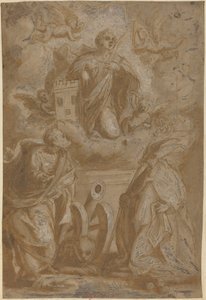 Święta Barbara w chwale ze świętymi Mikołajem i Hieronimem autorstwa Italian 16th Century