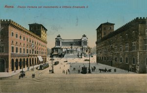 Piazza Venezia i pomnik króla Wiktora Emanuela II Włoch, Rzym. Pocztówka wysłana w 1913 roku. autorstwa Italian Photographer