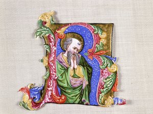 Modlący się święty, duży historyczny inicjał R, ok. 1400 (historyczny inicjał, wycięty z antyfonału na welinie) autorstwa Italian School