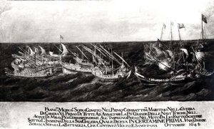 Bitwa morska pomiędzy flotą wenecką pod dowództwem generała Francesco Morosiniego (1618-94) przeciwko Turkom u wybrzeży Krety, październik 1645 (olej na płótnie) (zdjęcie czarno-białe) autorstwa Italian School
