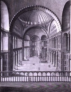 Widok wnętrza meczetu św. Zofii w Konstantynopolu wykonany w 1786 r., sztychowany przez Domenico Prontiego (fl.1788-1815) 1788 (rycina) autorstwa Italian School