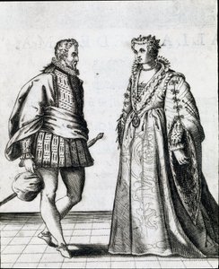 Para włoskiej szlachty. Rycina z „Il ballarino” (lub Il dancer) przedstawia taniec mistrza tańca Fabritio Caroso (1527 / 1535-1605 / 1620) 1581. Muzeum Miejskie Biblioteca Musicale, Bolonia autorstwa Italian School