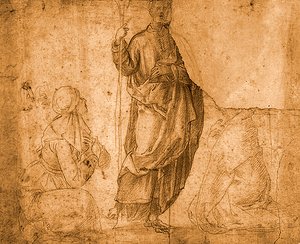 Święta z dwiema klęczącymi kobietami (czerwona kreda na papierze) autorstwa Italian School