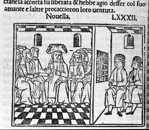 Historia miłości zakonnicy. Ilustracja do wiadomości 82 (Nowa 2 dnia dziewiątego) „Dekameronu” autorstwa Giovanniego Boccaccio dit Jean Boccaccio (1313-1375), włoskiego pisarza. Grawerowanie w „”Decamerone ouer Cento nouelle””Wenecja, Bartolomeo de 