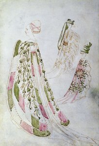 Kobieta i dwóch mężczyzn w długich płaszczach, ok. 1450 (atrament i akwarela na papierze) autorstwa Italian School