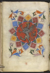 Dodać. 21965, f.5v Figura heraldyczna: Gryf, Statut Cechu Krawców, z „Matricula artificum Artis Sartorum civitatis Perusii” (tusz i kolor na welinie) autorstwa Italian School