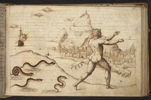 Dodać. 82955, f.133   Węże ścigające ludzką postać.  , z Historii Animalium, (składający się z 245 rysunków wykonanych piórem i atramentem różnych gatunków zwierząt i mitycznych stworzeń, każdy opatrzony opisem.)    1595 autorstwa Italian School