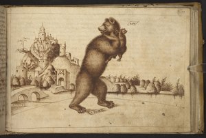 Dodać. 82955, f.199   Niedźwiedzie („ursus”), jeden dźgnięty przez mężczyznę, drugi niosący młode.  , z Historii Animalium, (składający się z 245 rysunków wykonanych piórem i atramentem różnych gatunków zwierząt i mitycznych stworzeń, każdy opatrzony opise autorstwa Italian School
