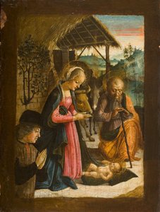 Adoracja Dzieciątka z portretem ofiarodawcy, ok. 1500 (tempera na desce) autorstwa Italian School