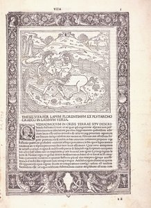 Ilustrowana strona z łacińskiego wydania „Życia równoległego” Plutarcha, przedstawiająca Tezeusza walczącego z centaurem autorstwa Italian School