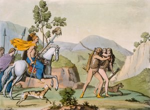Starożytni celtyccy wojownicy podczas wyprawy spotykają parę na polowaniu, ok. 1800-18 (kolorowy grawer) autorstwa Italian School