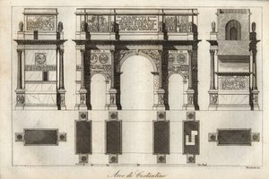 Łuk Konstantyna w Rzymie (315 n.e.) - rycina z „Zwyczajności i tradycji wszystkich narodów wszechświata”. Czyli Historia rządu, praw, milicji, religii wszystkich narodów od czasów najdalszych do dnia dzisiejszego „1856 autorstwa Italian School