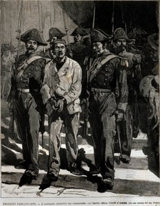 Aresztowanie Giovanniego Passannante (1849-1910), który dokonał ataku na włoskiego króla Umberta I (Humberta I) w Neapolu w 1878 roku. Wydarzenie to zainspirowało poetę Giovanniego Pascoliego (1855-1912) w ode. Rycina XIX wieku autorstwa Italian School