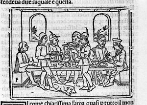 Scena bankietowa w obecności członków szlachty florenckiej. Ilustracja do „Dekameronu” autorstwa Giovanniego Boccaccio dit Jean Boccace (1313-1375), włoskiego pisarza. Grawerowanie w „”Dekamerone ouer Cento nouelle””Wenecja, Bartolomeo de 