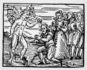 Chrzest przez diabła, kopia ilustracji z Compendium Maleficarum ks. M. Guaccius, Mediolan 1608, wykorzystana w Historii magii, wydana pod koniec XIX wieku autorstwa Italian School