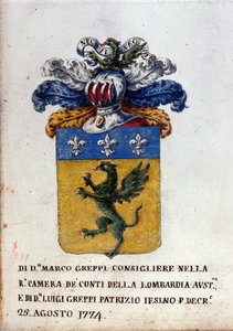 Herb rodziny Greppi z Mediolanu, hełm zbroi, fleur-de-lis i smok. XVIII-wieczne Archiwum Państwowe w Mediolanie autorstwa Italian School
