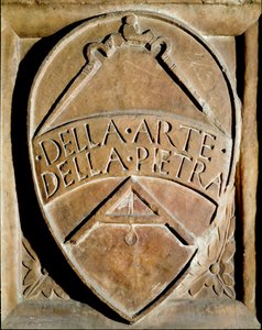 Blazon zgromadzenia kamieniarzy. Przedstawiono kompas i kwadrat. Siena z XIV wieku, Biblioteca degli Intronati autorstwa Italian School