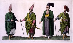 Bostandji, Khasseki i inne przykłady stroju osmańskiego, tablica 5 z części III tomu I „Historii Narodów”, sztych. V. Raineri (akwatinta) autorstwa Italian School
