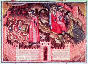 Canto XVII Czterej Sodomici: Dante i Wergiliusz jadą na grzbiecie Geriona do Kręgu Oszuści, z Boskiej Komedii (Piekło), ok. 1313