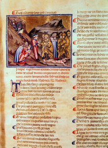 Canto XXIII Dante i Wergiliusz w kręgu hipokrytów, z Kajfaszem ukrzyżowanym na ziemi, z Boskiej Komedii (Piekło), ok. 1313 autorstwa Italian School