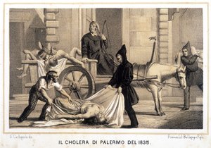 Wózek zabierający zmarłych podczas epidemii cholery w Palermo w 1835 roku. autorstwa Italian School