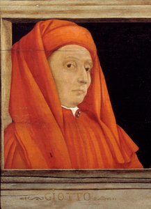 Cassone z 5 portretami mistrza florenckiego renesansu, detal z portretem Bondone Ambrogio dit Giotto di Bondone (ok. 1267-1337), Szkoła włoska XVI w., olej na drewnie. Poniższy napis prawdopodobnie jest kolejny. Muzeum d autorstwa Italian School