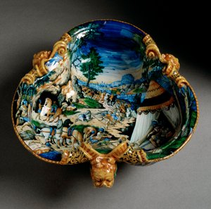 Ceramiczna filiżanka w kształcie trefla decoree z przedstawieniem Hannibala podczas przeprawy przez Alpy wykonana w Urbino w warsztacie Fontana we Włoszech. 1550 wokół Florencji, Museo Nazionale del Bargello autorstwa Italian School