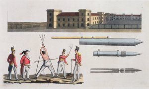 Chatham Barracks, kara wojskowa zwana Trójkątem i Congreve Rockets, płyta 17 z Historii Narodów (akwatinta) autorstwa Italian School