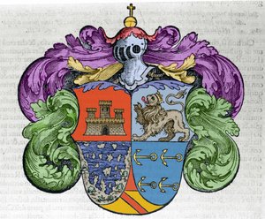 Herb nawigatora Krzysztofa Kolumba (1451-1506): cztery części ecu przedstawiają na szczycie miasta Kastylię i Leon, poniżej odsłoniętych wysp i symbolu kotwicy adoratora. Grawerowanie z książki „Nawigacjai i Viaggi”” autorstwa Italian School