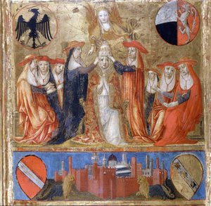 Koronacja Piusa II (Enea Silvio Piccolomini) (1405-1464). Papież Włoch (1458-1464). Na dole znajduje się ufortyfikowane miasto Siena. Bicherna (okładka księgi rachunkowej miasta Sieny) z 1460 r. Archiwum Narodowe - Museo delle Tavolette de B autorstwa Italian School
