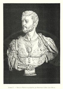 Cosimo I, Popiersie z marmuru i porfiru, Benvenuto Cellini, w Uffizi (rycina) autorstwa Italian School