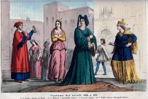Kostiumy a Siena między XIII a XIV wiekiem - Ubrania w Sienie między XIII a XIV wiekiem - grawer z „Usi e Costumes di All Peoples of the Universe”. To jest historia rządu, praw, milicji, religii wszystkich n autorstwa Italian School