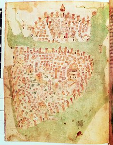 Bawełniany Wespazjan A. XIII, f.36v: Mapa Konstantynopola, ok. 1450 (welum) autorstwa Italian School
