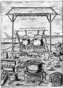 Kuchnia wiejska: podpalane są kotły i garnki. Rycina z „Opery”, księgi gastronomicznej podzielonej na 6 części, autorstwa Bartolomeo Scappi, osobistego kucharza papieża Piusa V. Wenecja autorstwa Italian School